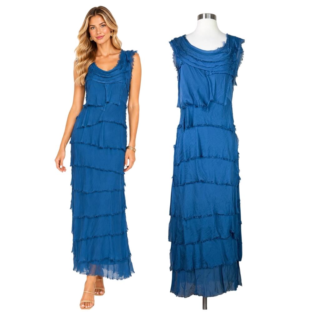 Gigi Moda | Sienna Silk Ruffle Tiered Teal Blue Italian Layered Maxi Dress OS